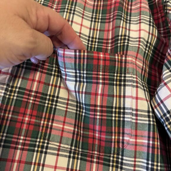 LANDS END Mens Shirt Large Tall Red Green Christmas Plaid Button Up Long Sleeve - Picture 6 of 11